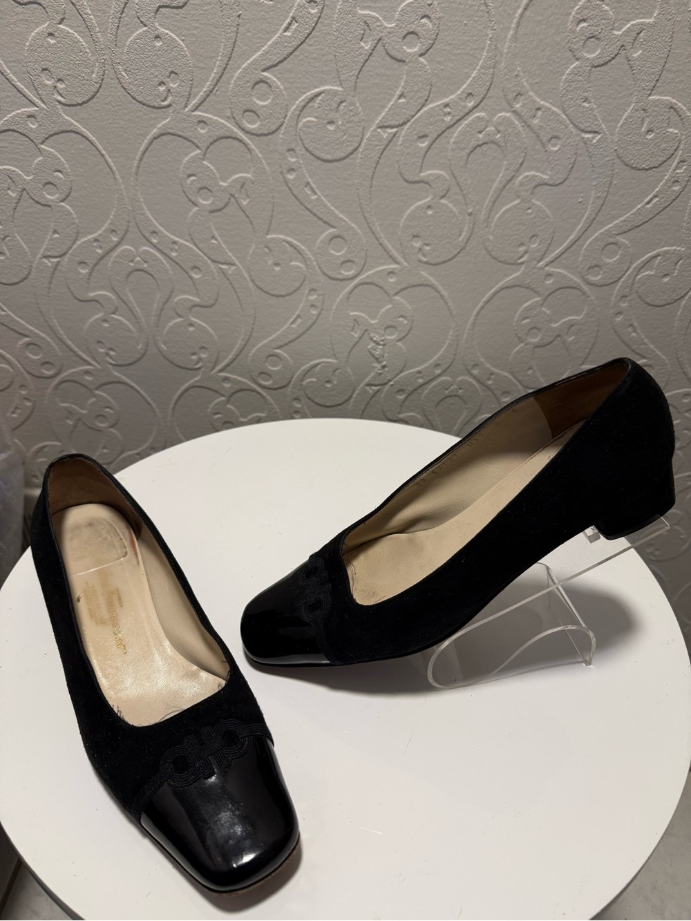 Vintage Salvatore Ferragamo Black Suede and Patent Leather Square-Toe Flats